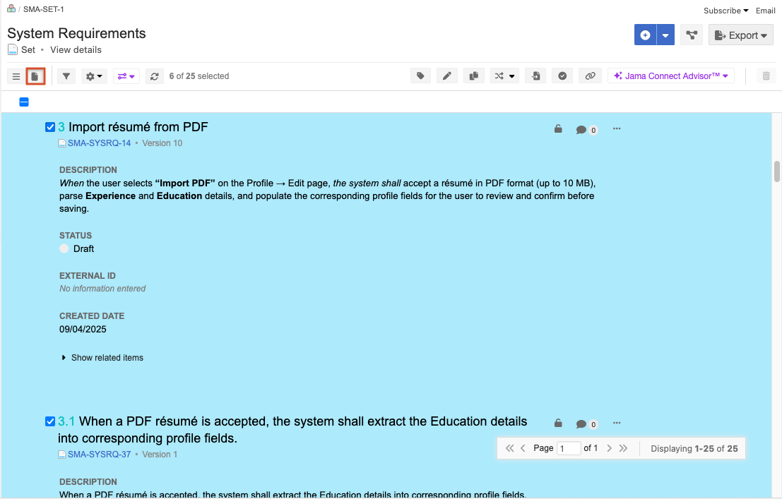 In Document View, one item is selected to be analyzed.