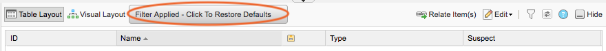 The bottom panel shows the highlighted button Filter Applied - Click To Restore Defaults.