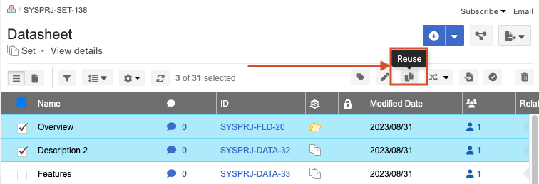 The details panel for a selected item shows the Reuse icon highlighted in the toolbar.