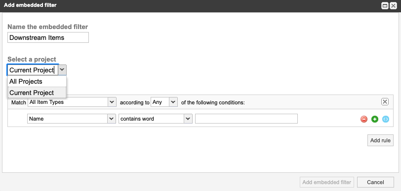 Example of options for Add embedded filter window.