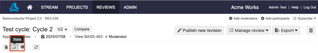Stats pull-down menu includes review, stats, and feedback options.