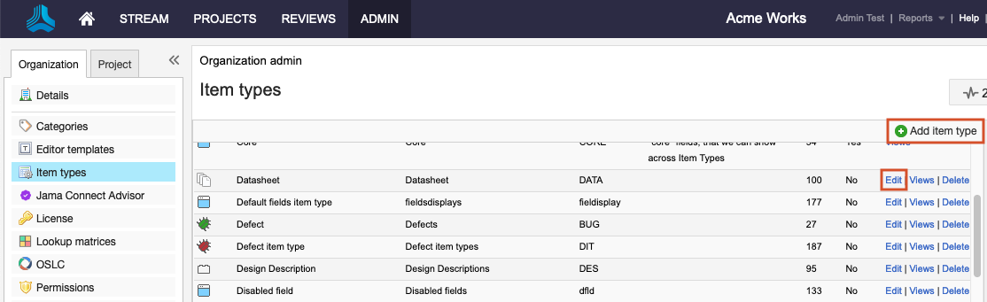 The Item type details page show the highlighted actions, Add item type (new) and Edit (change an existing type).