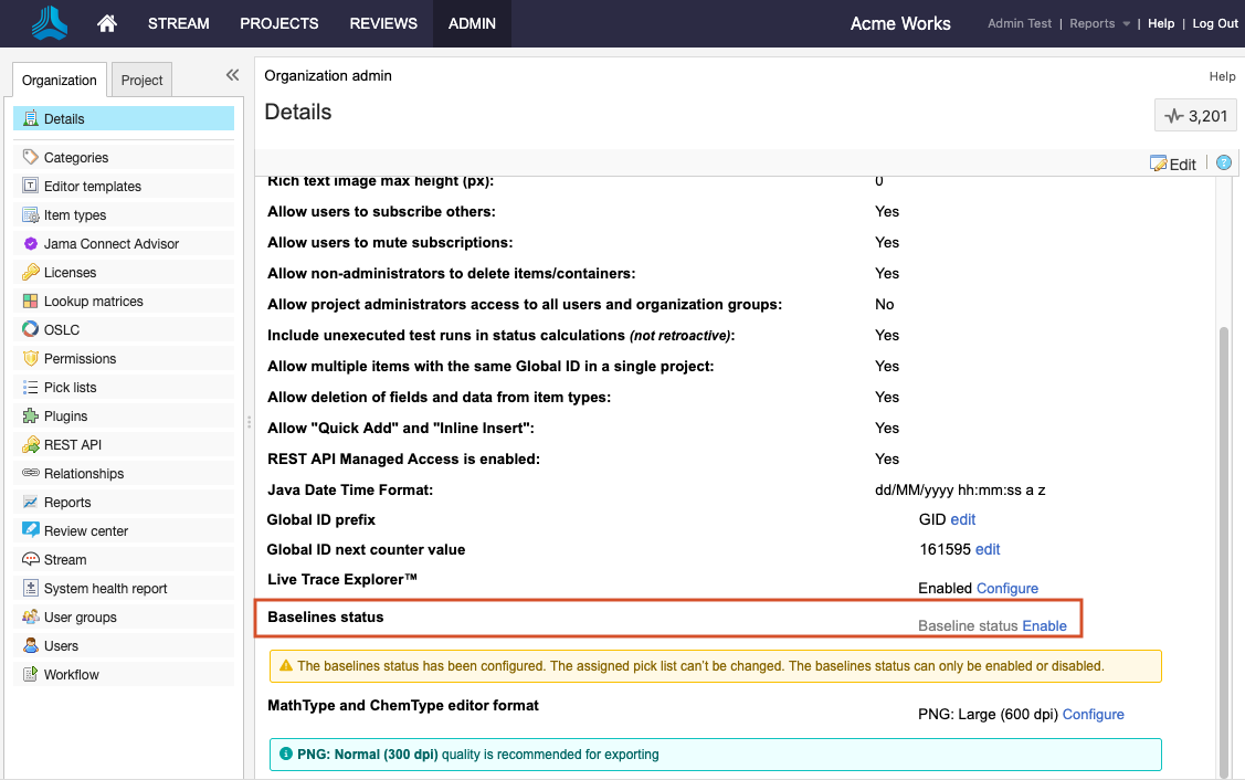 The Admin Details page shows that the Baselines status option is highlighted.