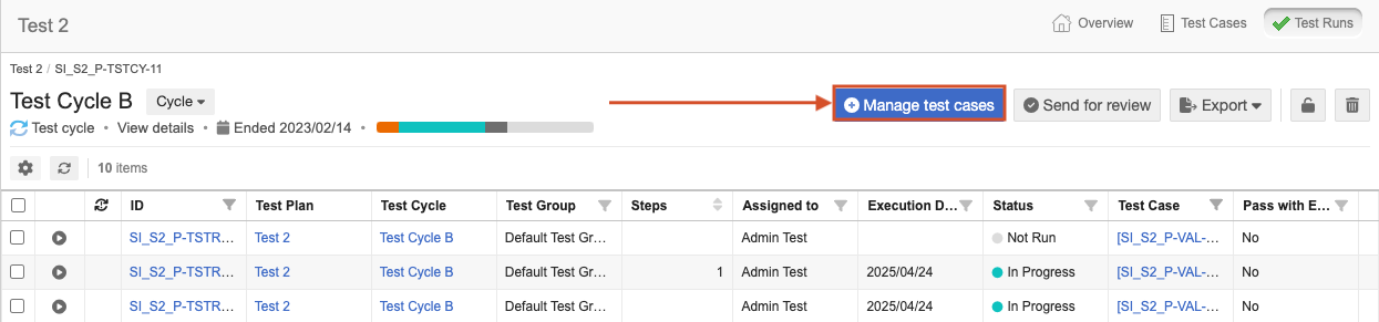 Image shows Test Runs tab selected in top toolbar, and cycle with the small black arrow highlighted on the left side of the center panel.