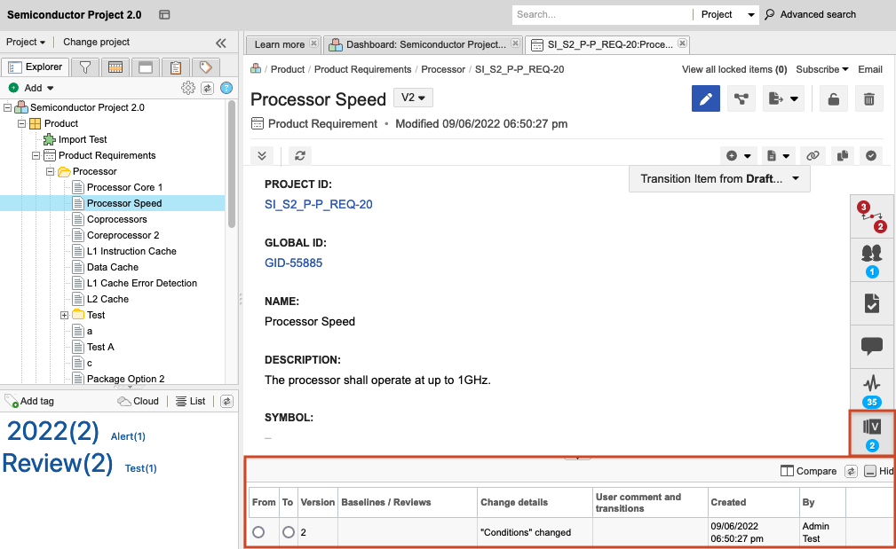 The details panel for the selected requirement includes the highlighted Version widget in the side toolbar and the highlighted bottom panel, which displays version information.