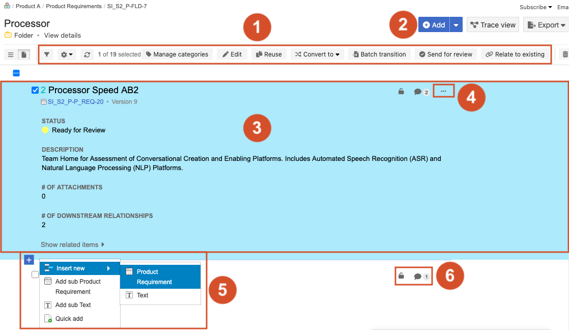 Document View includes tools for authoring and editing items, each of which is numbered and described in the text below the image.