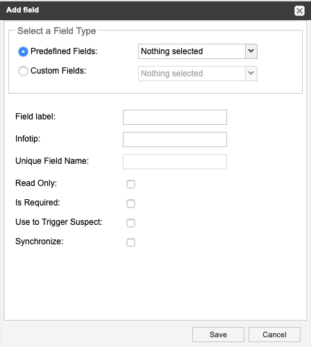 The Add Field window includes the fields and options to define a new or edited field.