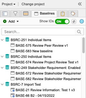 Show IDs option is toggled on and IDs are visible in the baseline tree.
