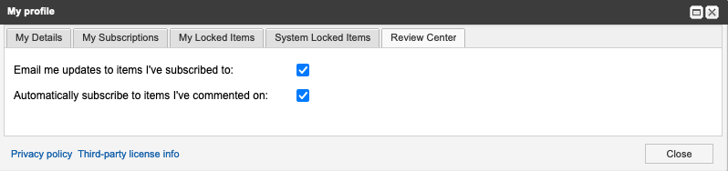 The Review Center tab on the My Profile page includes two options that are selected.