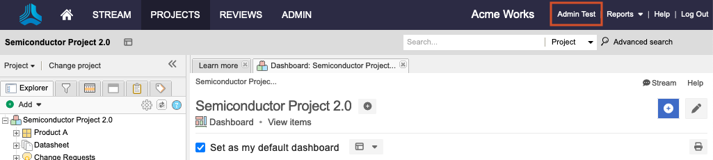 The user name (Admin Test) is highlighted in the Jama Connect header.