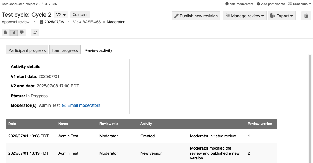 Table with the review activity tab selected.
