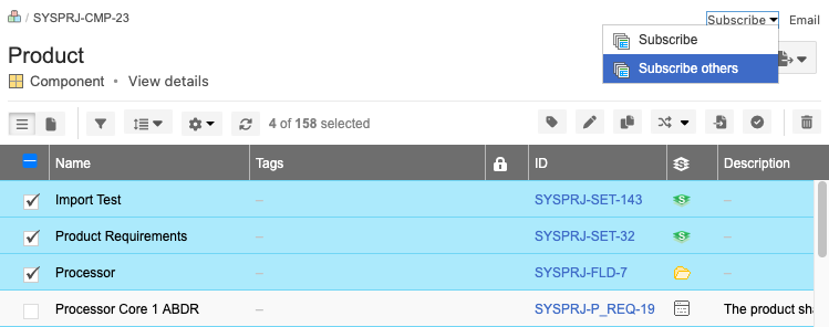 Use Single Item View to select an item, then select Subscribe others from the drop-down menu.