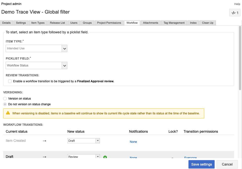 The Workflow tab for the selected project includes the fields and options for configuring workflow.
