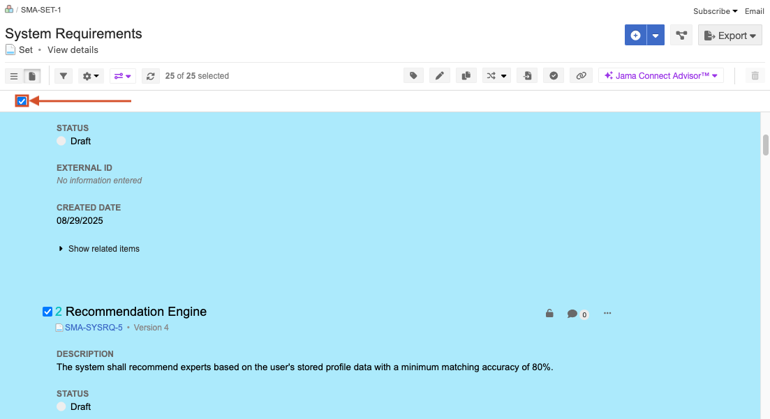 In Document View, the checkbox above the items is selected, so that all items will be analyzed.