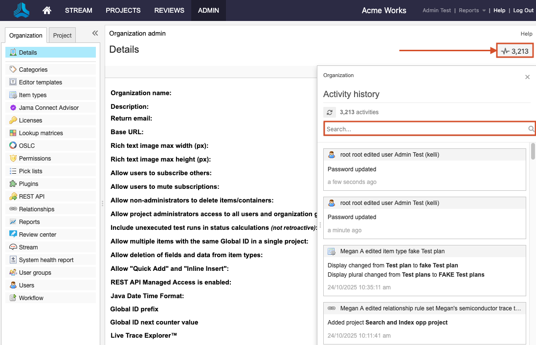 Admin Activity Stream shows that the Activity Stream button and Search field are highlighted.