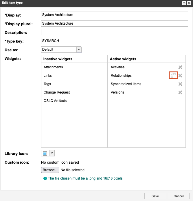 Image shows add/edit item type window with an arrow pointing to the sync icon.