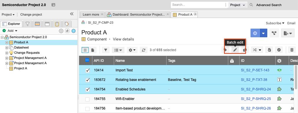 From List View, the Details panel for the selected item shows that the Batch edit icon is highlighted.