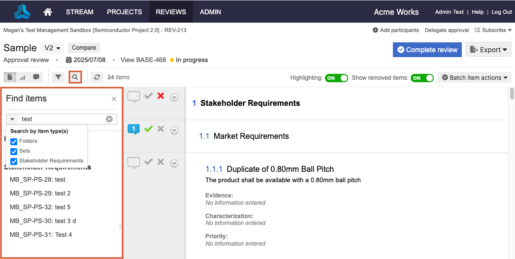 Type text in Search, then use drop-down menu to filter by item type.