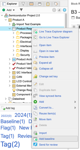 A product is selected in the Explorer Tree, and the drop-down list displays all options, with Add baseline highlighted.