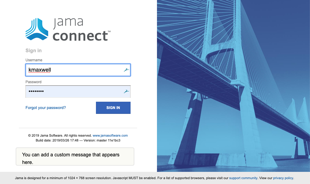 Jama Connect login page includes a field where you can add a custom message.