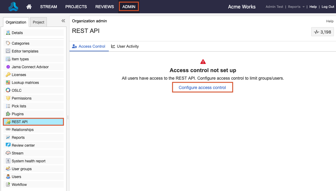 The REST API screen displays the link Configure access control.