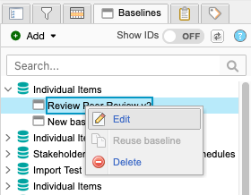 Baseline tab shows a selected baseline and the submenu option Edit is selected.