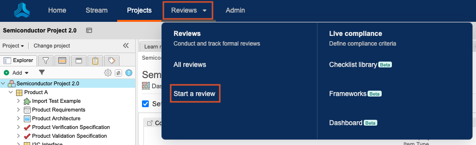 Start a review from the Jama Connect header (Projects or Reviews) or from the Explorer Tree (Filters, Baselines, Releases, or Tests).