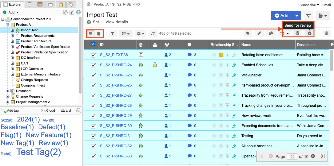 Select Projects > Explorer Tree, select items to include, then select Send for review.