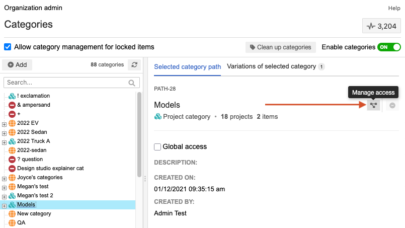 Select the Project category to update, then select Manage access.