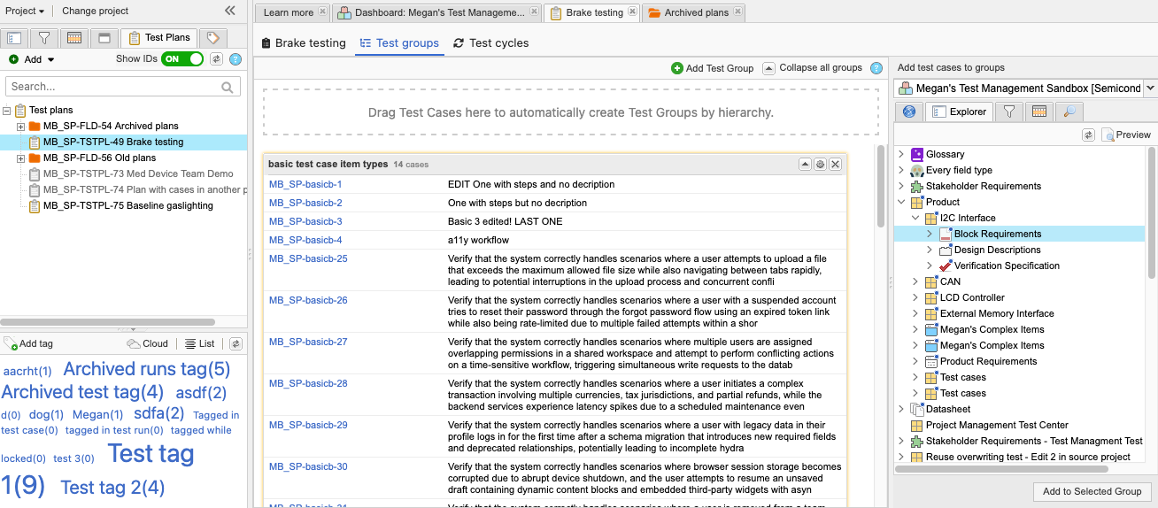 The UI shows a test plan selected in the Explorer Tree and the right panel shows the available test cases that can be added.