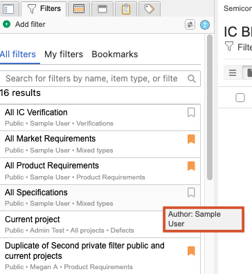 Select Filters in the left panel to display existing filters and hover over filter name to see its author.