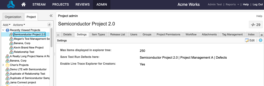 The Admin button in the header is highlighted, along with the Project tab in the Explorer Tree, the Settings tab in the details panel, and the Edit button.