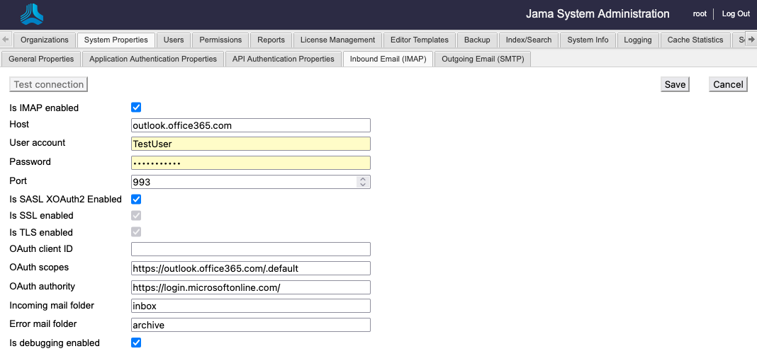 The Jama System Administration page for root shows the System Properties tab and its settings.