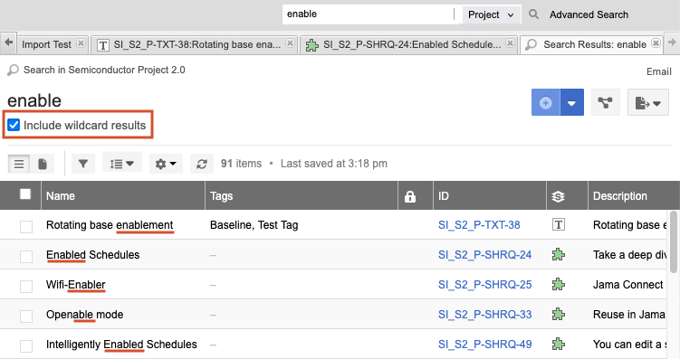 Example results of a search "enable" with option "Include wildcard results" selected.