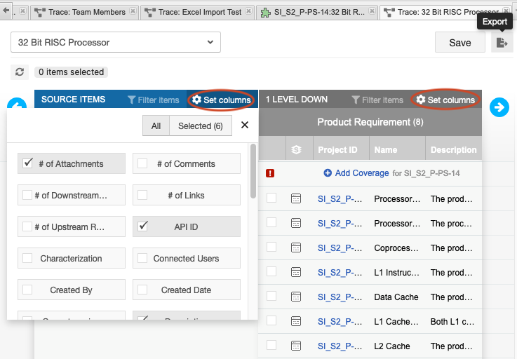 The gear icon (Set columns option) is highlighted for the Source Items and 1 Level Down lists.