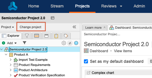 The Projects button in the Jama Connect header is selected, as well as the Change Project button.