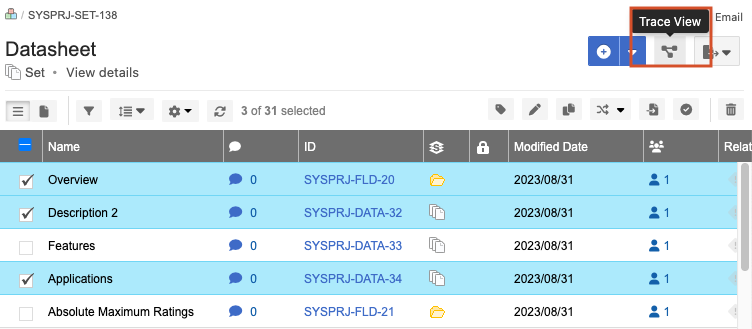 Details panel shows a list of selected items and the Trace View icon selected.
