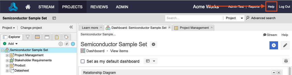The Help option in the Jama Connect header is highlighted.