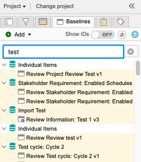 Baseline tab shows text in the search field; all baselines and sources are listed and those matching the search string are highlighted.
