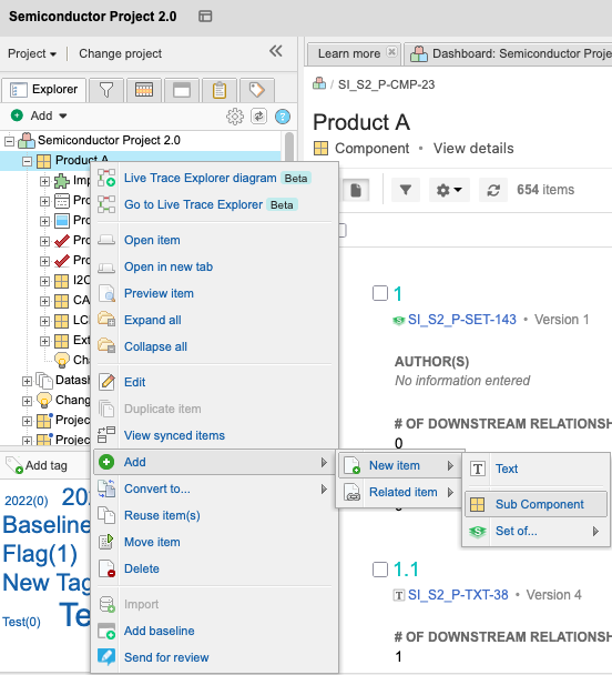 To add a child item, use cascade menus Add > New item> Sub Component.