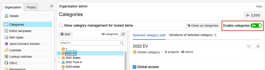 Select ON next to Enable categories to make Categories option available to users.
