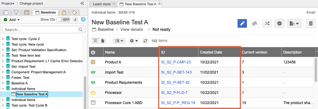 Jama Connect baseline is displayed with changes to multiple items, with the ID and Created Date columns highlighted.