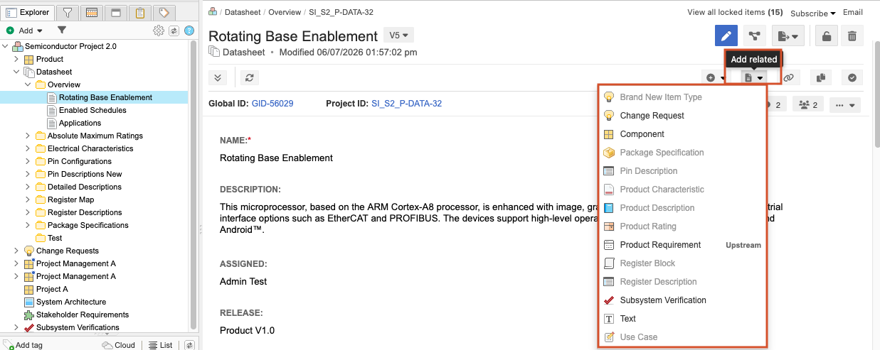 The Add related icon in the toolbar of the center details panel is highlighted.