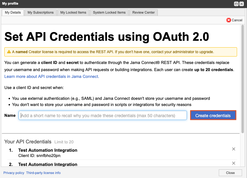 The My Profile window displays instructions for setting API Credentials, and includes a button, Create API Credentials.