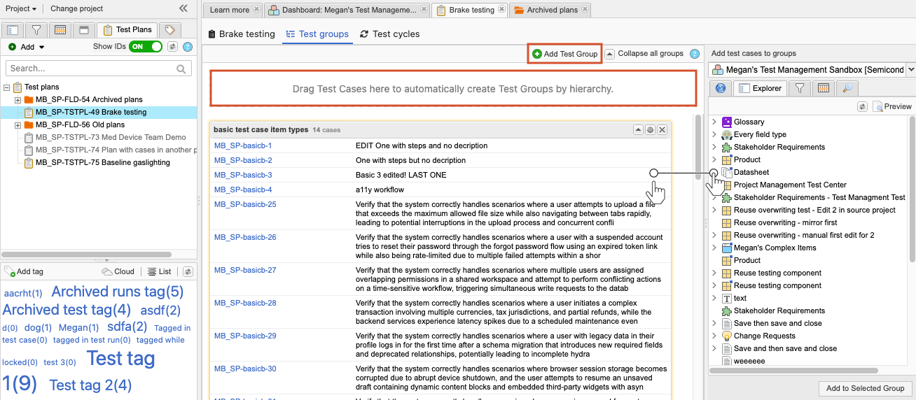 The New Test Plan page shows the Add Test Group button selected.