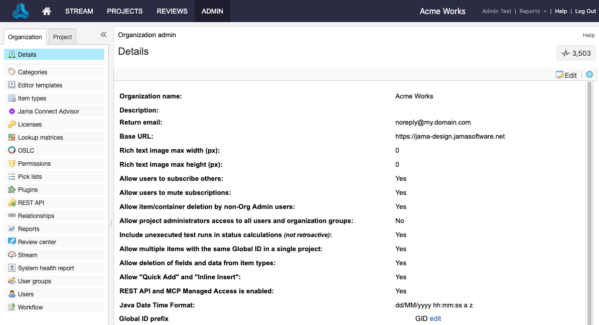 The Details page for an example Organization displays the list of available options to define your organization.
