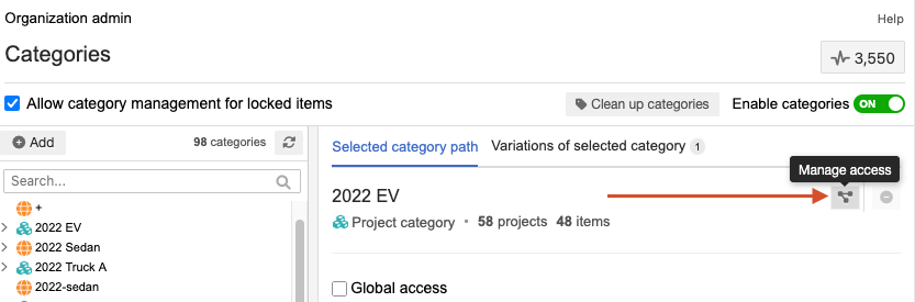 Select the Project category to update, then select Manage access.