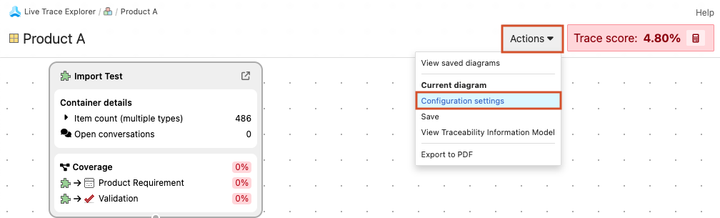 In the Live Trace Explorer UI, the Actions menu shows the View saved diagrams menu and Configuration settings option is selected.