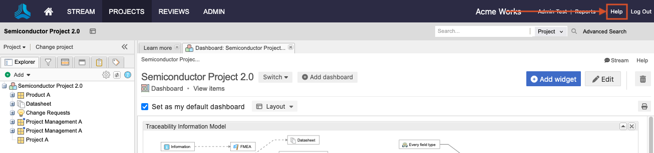 The Help link in the Jama Connect header is highlighted.