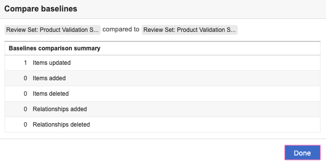 Baseline comparison summary shows changes between two baselines and the Export detailed report button is highlighted.